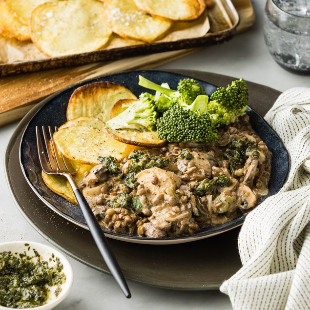 Creamy Leek & Mushroom Ragù with Garlic Potatoes & Salsa Verde