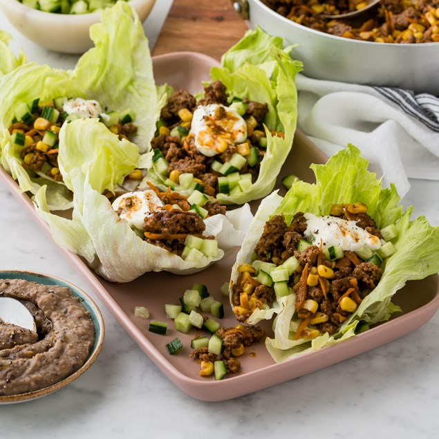 Mexican Chilli Beef Lettuce Cups with Refried Beans & Sour Cream