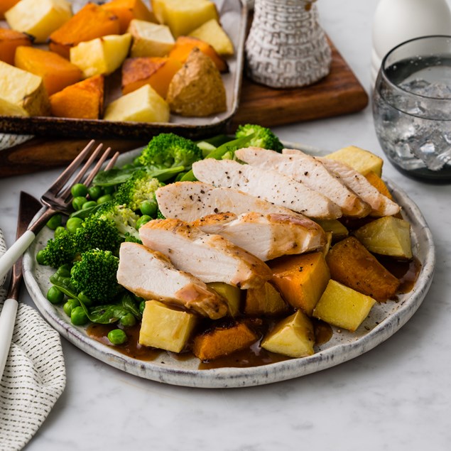 15-Minute Pan-Fried Chicken with Roasted Vegetables & Jus