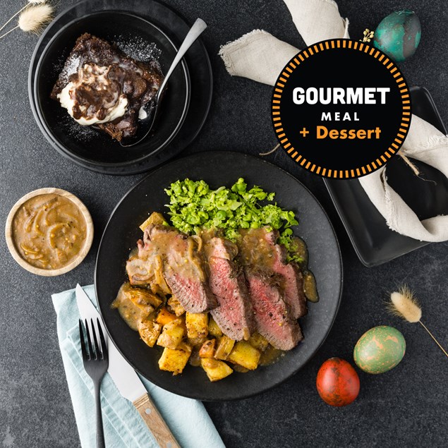 Butterflied Lamb Roast with Broccoli Smash, Gravy & Chocolate Pudding
