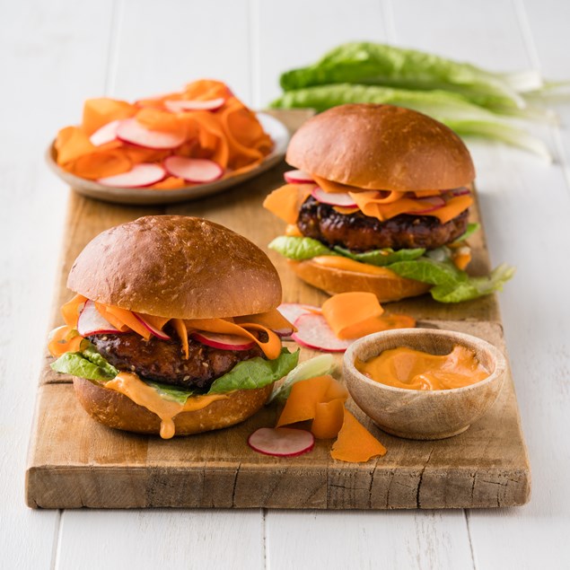 Sticky Korean Pork Burgers with Gochujang Mayo and Crunchy Pickled Veg