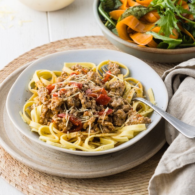 15-Minute Pork & Fennel Fettuccine with Fire Roasted Tomato Sauce