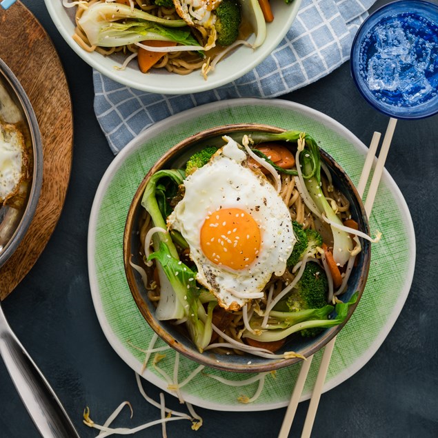 Kung Pao Peanut Noodle Bowl with Crispy Fried Eggs