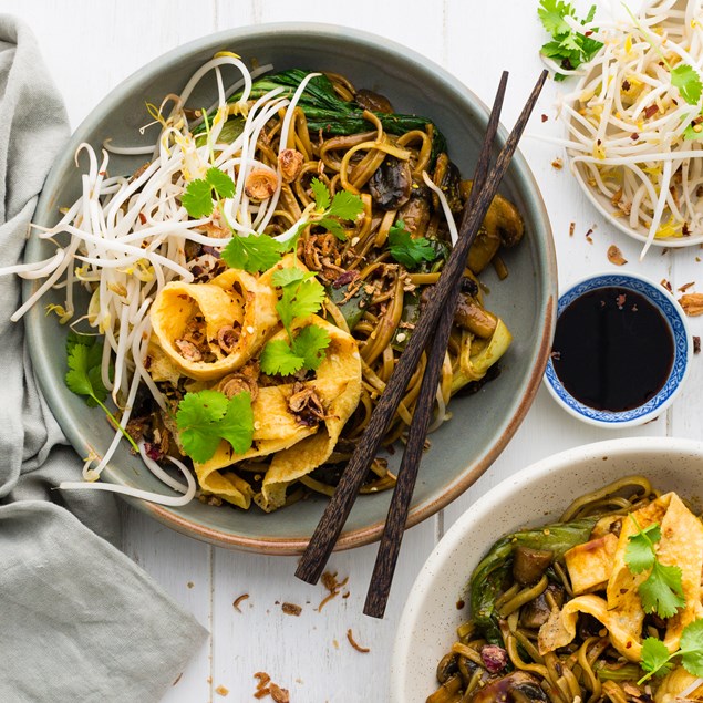 Indonesian Veggie Mee Goreng with Sesame Egg Ribbons & Crispy Shallots