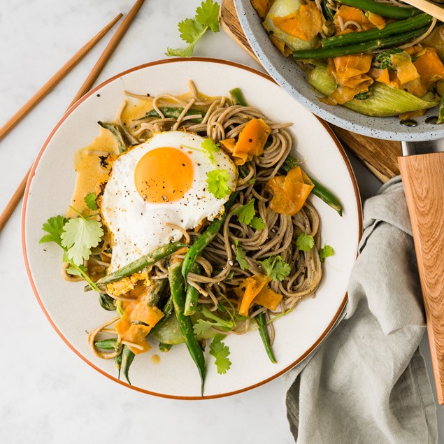 Malaysian-Style Curried Coconut Noodles with Sambal Fried Eggs