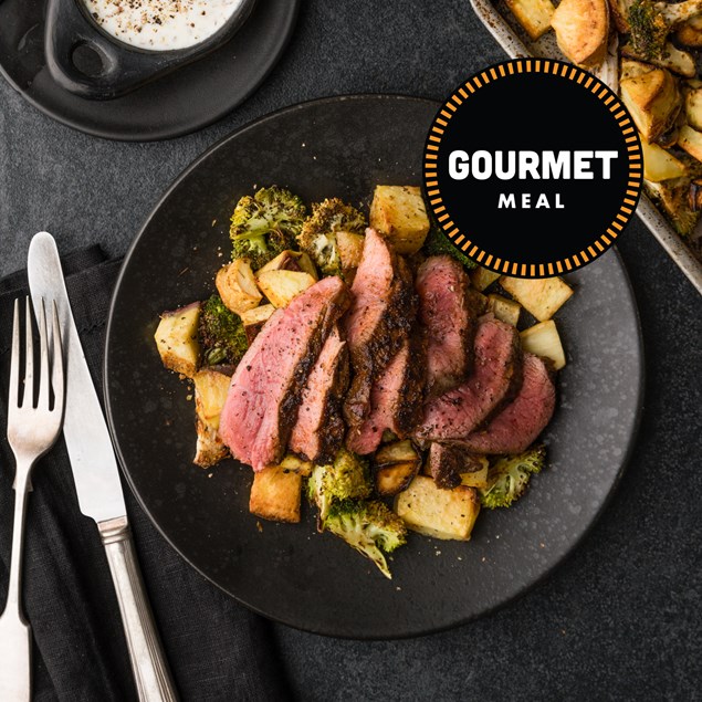 Greek-Spiced Butterflied Lamb Leg with Roasted Kūmara Salad & Greek Dressing