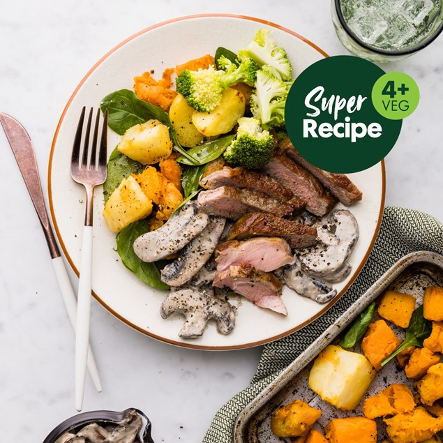 15-Minute Beef Rump Steaks with Creamy Mushrooms & Roasted Vegetables