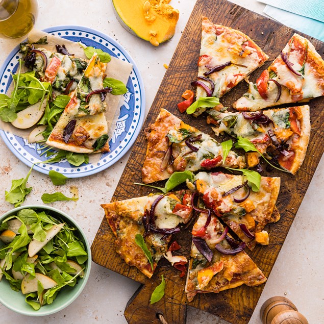 Pumpkin & Caramelised Onion Pizza with Pear Mesclun Salad