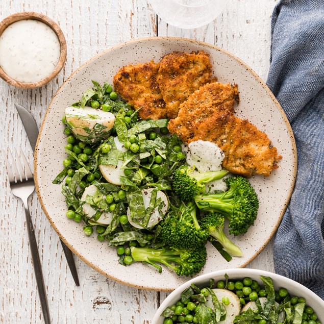 Lemon Pepper Beef Schnitzel with Creamy Caper Mayo Potato Salad