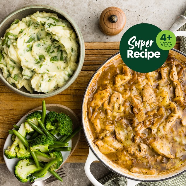 French Onion Braised Chicken with Mash & Greens