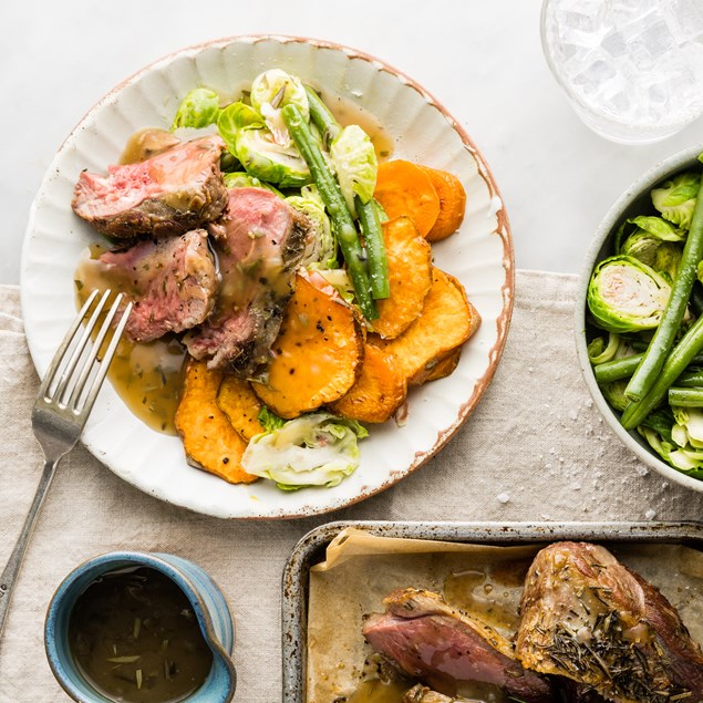 Butterflied Lamb Leg Roast with Kūmara, Brussels & Rosemary Gravy