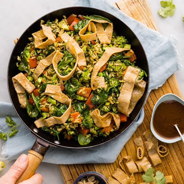 Indonesian Veggie Nasi Goreng with Sesame Egg Ribbons & Peanuts
