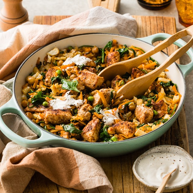 15-Minute Harissa Chicken with Cauli Pilaf & Tahini Yoghurt