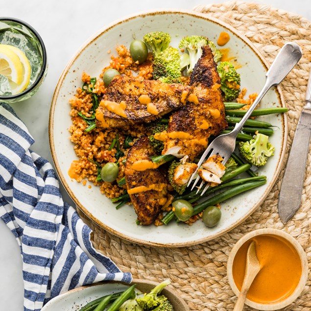 Fish Romesco Romesco Fish with Spanish Tomato Bulgur & Green Olives - My Food Bag