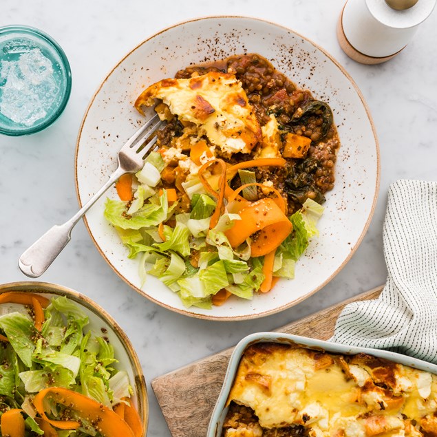 Greek-Style Veggie Lentil Bake with Yoghurt Feta Topping