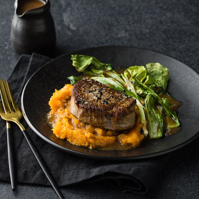 Gourmet Nori Salt Seasoned Eye Fillet with Sesame Grilled Bok Choy & Kumara Miso Mash