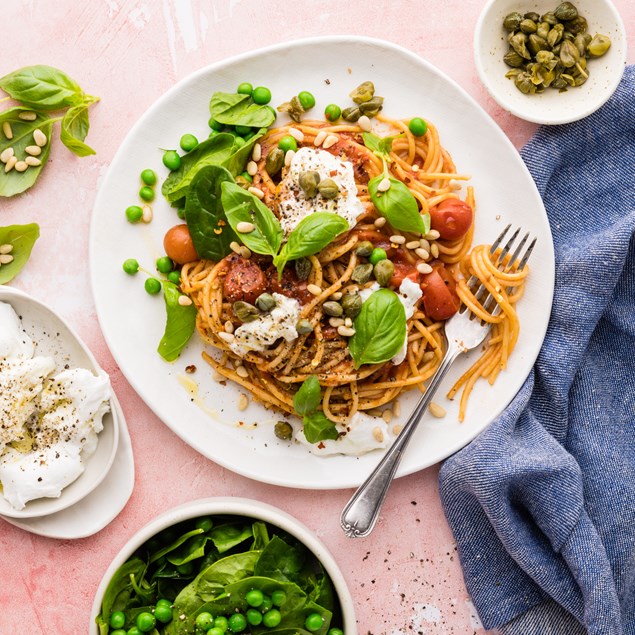 Italian Margherita Spaghetti with Creamy Burrata & Pine Nuts