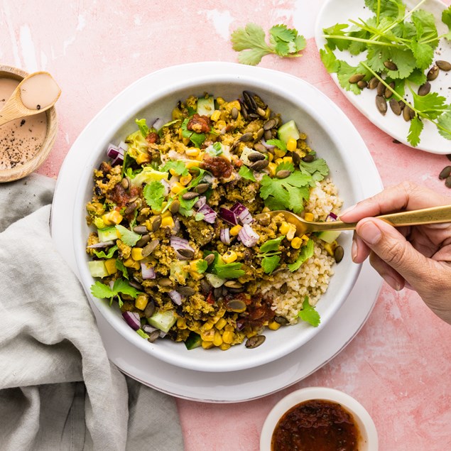 Crispy Mexican Falafel Bowl with Jalapeno Crème