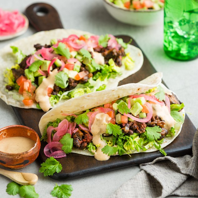 Chipotle Pulled Mushroom Tacos with Salsa & Pickled Onions