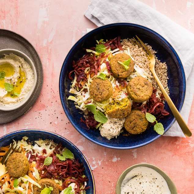 15-Minute Falafel Bowls with Hummus & Kraut Slaw