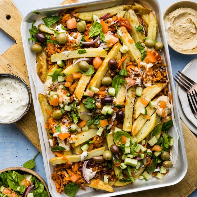 Medi-Loaded Fries with Greek Salsa & Hummus
