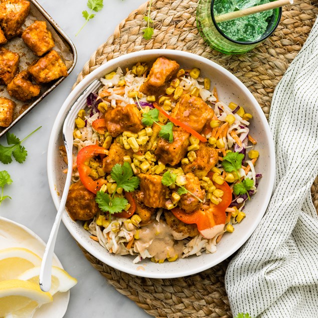 Texan Sticky BBQ Tofu with Smoky Slaw, Charred Corn & Coriander