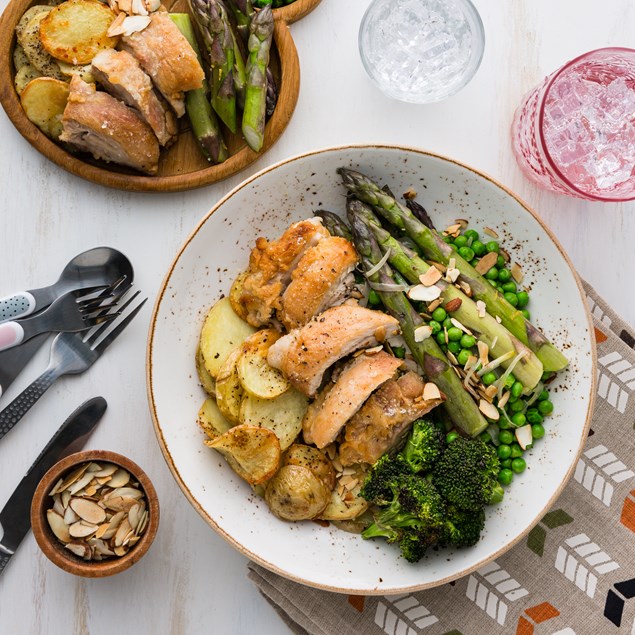 Saucy Spring Chicken with Asparagus & Herby Garlic Potatoes