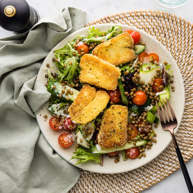 Golden Polenta Crumbed Haloumi with Spring Green Lentil Salad