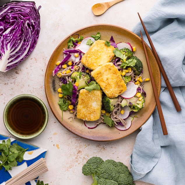 Crispy Sesame Tofu with Soba Noodle Stir-Fry
