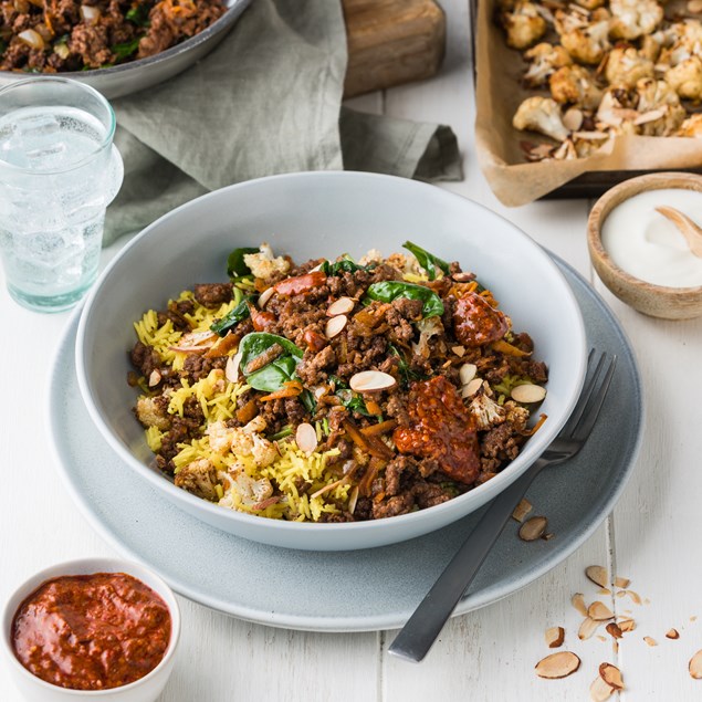 Turkish-Style Beef Bowl with Poppy Seed Pilaf & Muhammara Sauce
