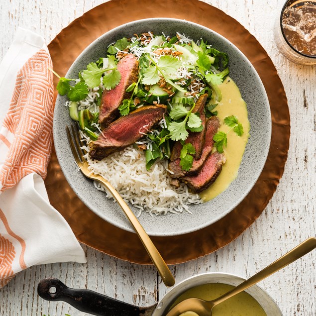 15-Minute Sri Lankan Beef Sirloin Steaks with Cucumber, Bok Choy & Coconut Sambal
