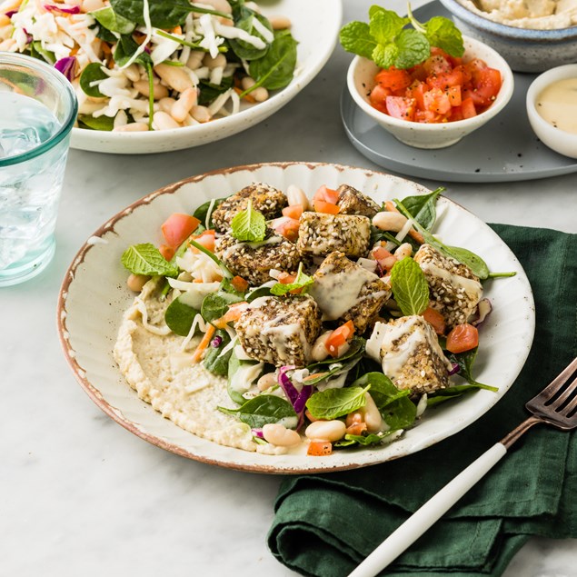 15-Minute Crispy Za'atar Tofu with Slaw, Tahini Dressing & Hummus