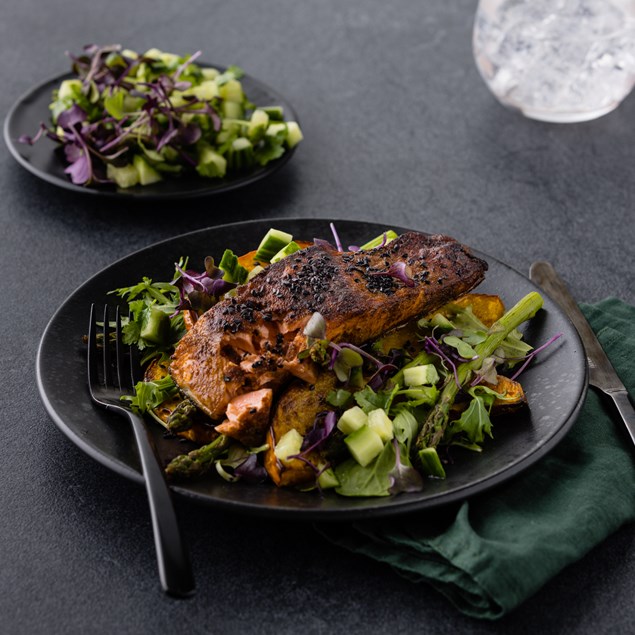 Gourmet Peruvian-Style Blackened Salmon Fillet with Asparagus & Cucumber Ceviche