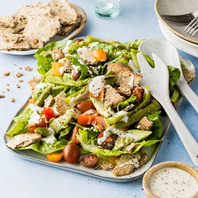 Avocado & Asparagus Caesar Salad with Seeded Cracker Croutons