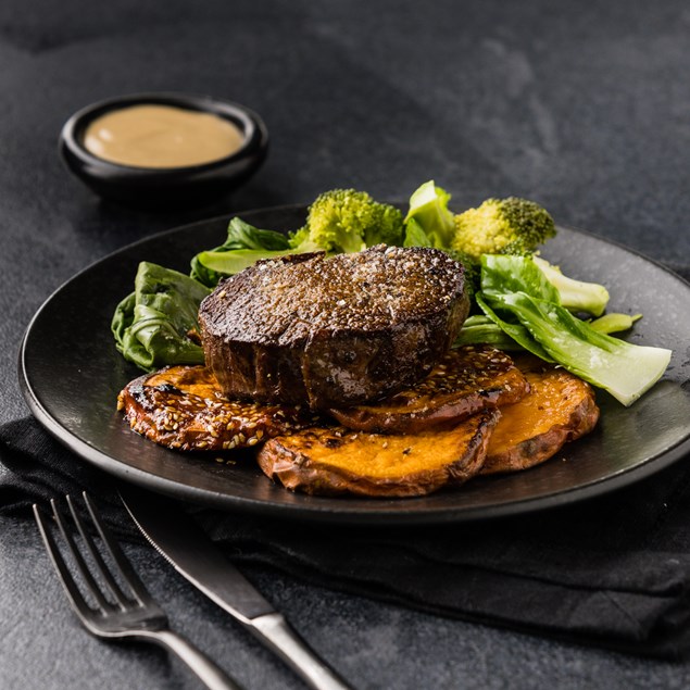 Gourmet Togarashi-Spiced Beef Eye Fillet with Sticky Kūmara & Sesame Mayo