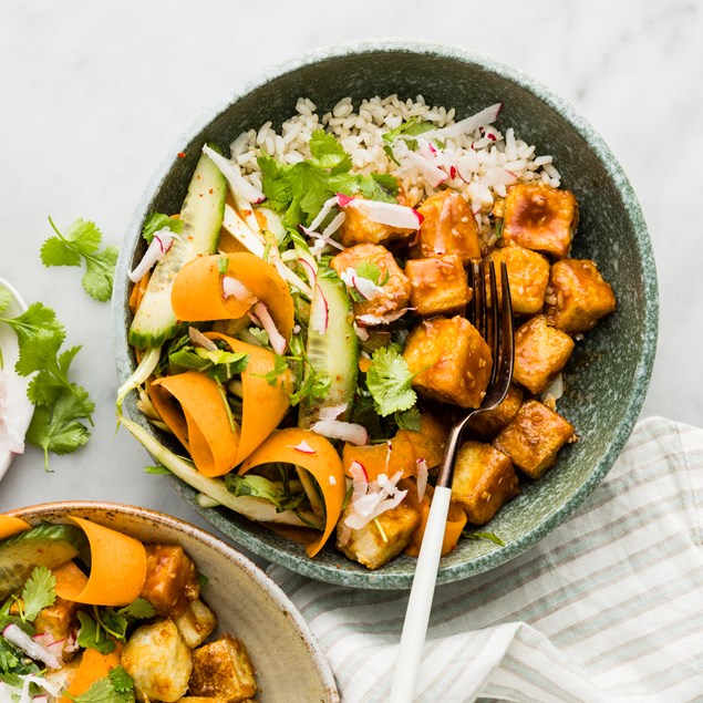 Korean Sticky Tofu Bowl with Quick Cucumber Kimchi & Rice