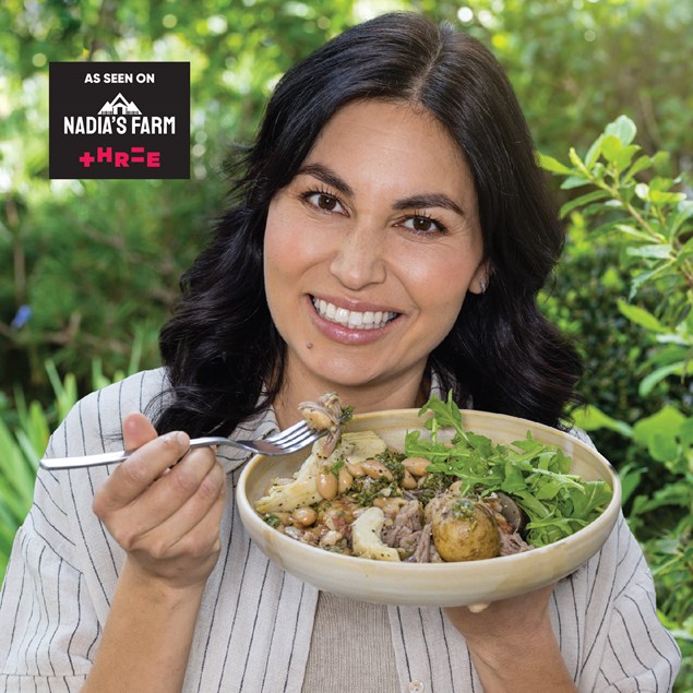 Nadia's Gourmet Slow Roast Lamb with Bacon, Artichokes & Mint Salsa Verde