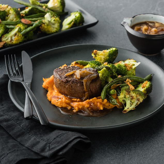 Gourmet Beef Eye Fillet with Kūmara Mash & Balsamic Onion Jus