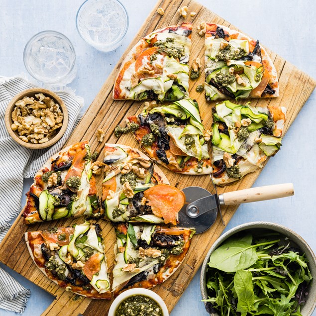 Portobello Mushroom Pizzas with Ribboned Courgette & Basil Pesto