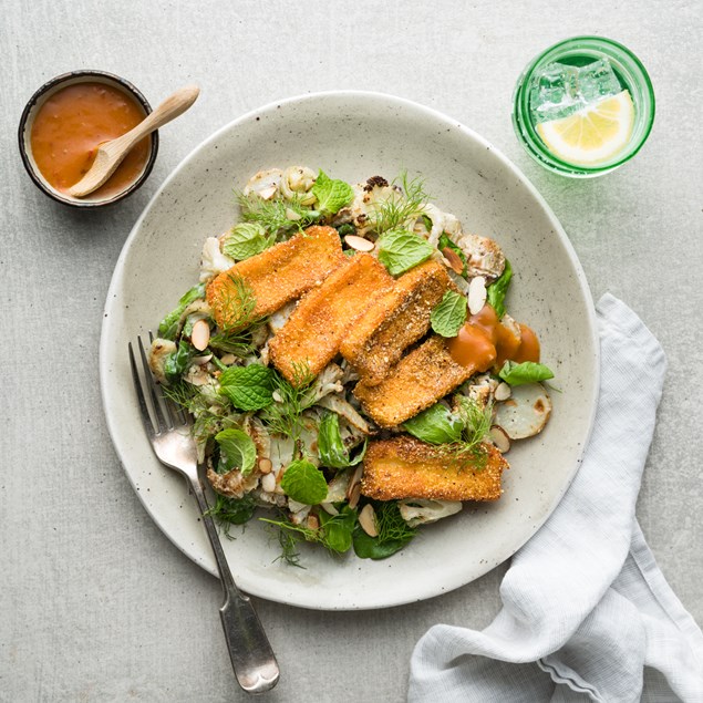 Golden Polenta Crusted Haloumi with Roasted Potato Salad & Romesco