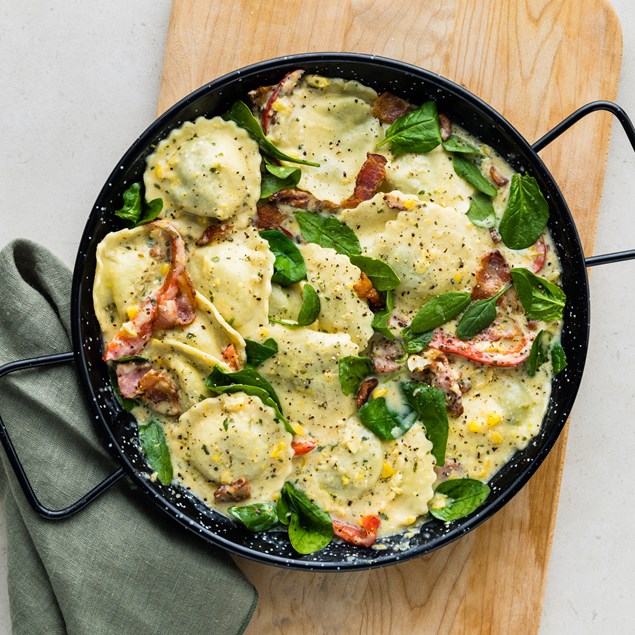 20-Minute Bacon, Spinach & Ricotta Ravioli with Herby Sour Cream - My ...