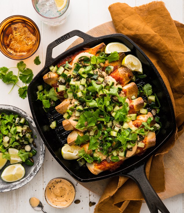 Saucy Mushroom Enchiladas with Pepita Salsa & Chipotle Hollandaise
