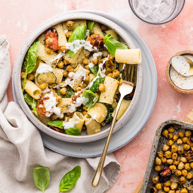 Herby Chickpea Rigatoni with Roasted Cherry Tomatoes & Garlic Cream