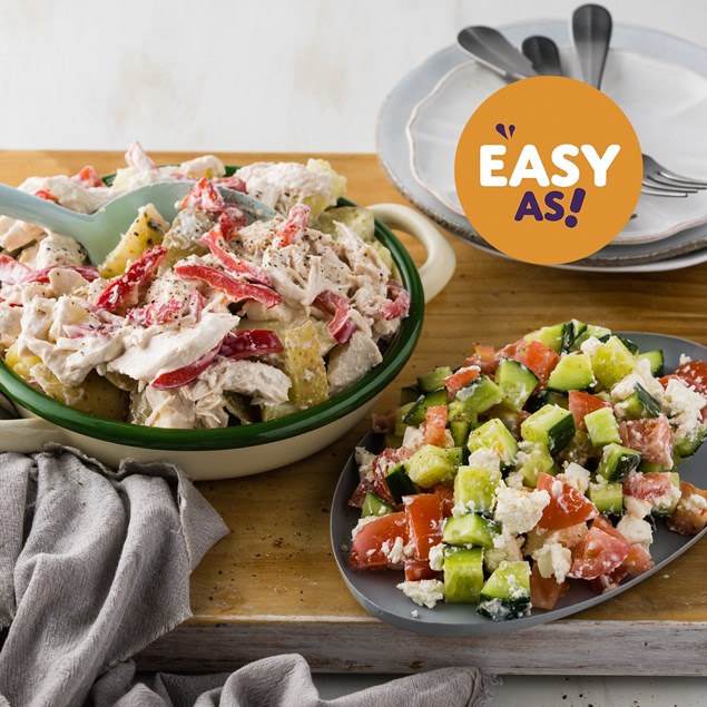 Potato Stacked Chicken Salad with Tomato Feta Salsa