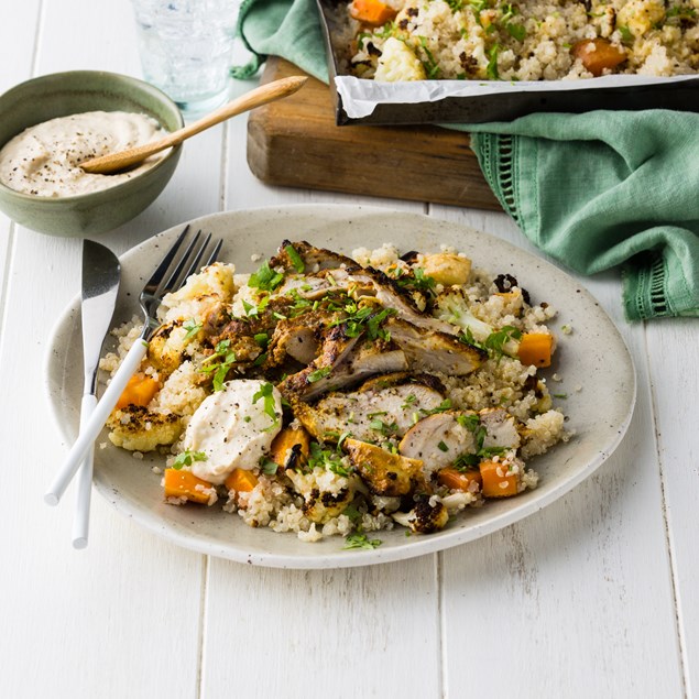 Shawarma-Marinated Chicken with Roasted Veggie Couscous & Hummus