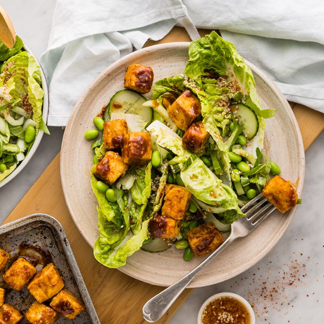 Korean Sticky Chilli Tofu with Veggie Packed Edamame Salad
