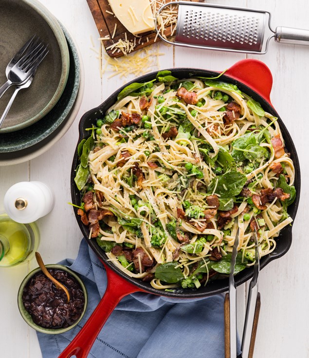15-Minute Creamy Bacon Alfredo with Fresh Fettuccine & Balsamic Onions