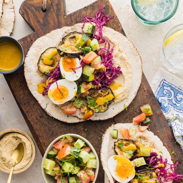 Israeli-Style Grilled Eggplant Wraps with Jammy Eggs & Amba Mayo