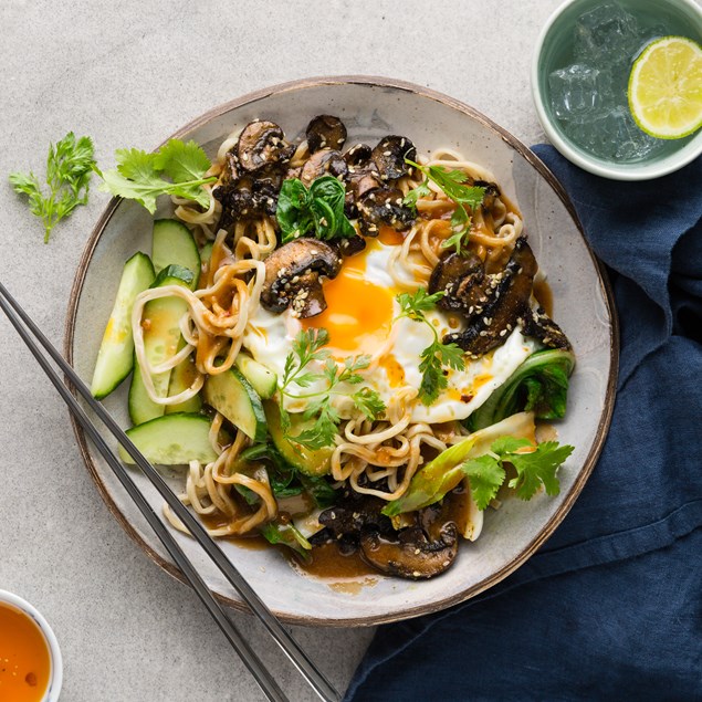 Saucy Peanut Dan Dan Noodles with Crispy Fried Eggs