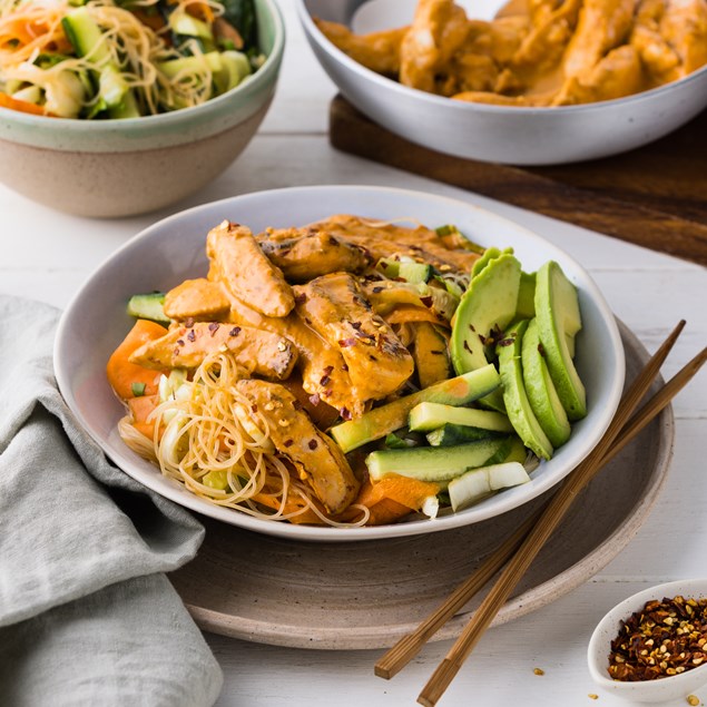 Peanut Chicken Spring Roll Bowls with Avocado & Fresh Veggies